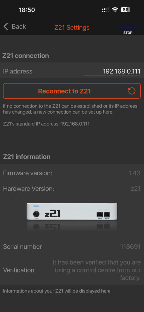 Screenshot from Z21 app.